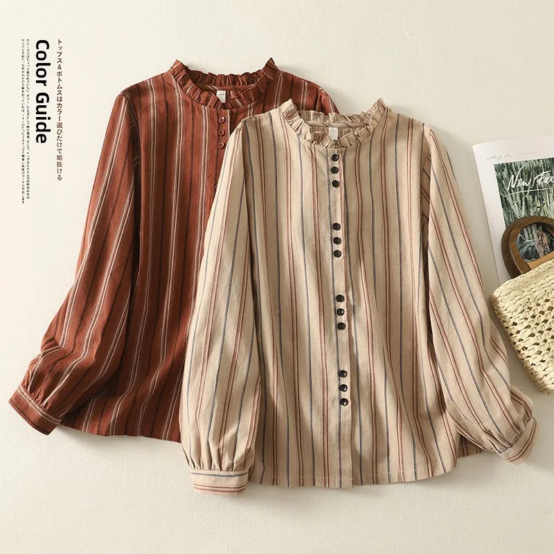 

Retro Sle Striped Cotton Linen Loose Long Sve irt Women's Commute Button up irt Spring Autumn New Arrival