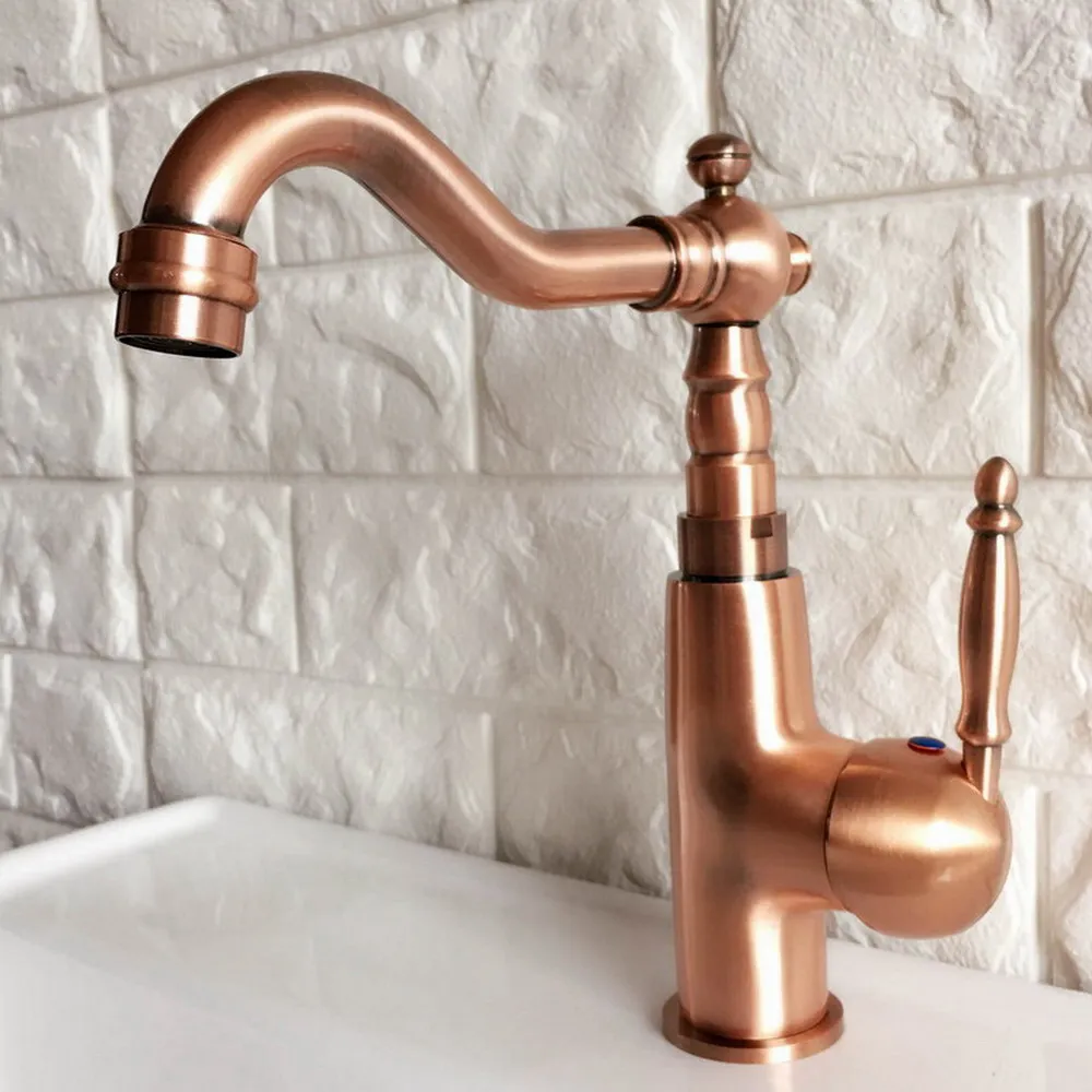 

Antique Red Copper Swivel Spout Bathroom Sink Faucets Deck Mount Single Hole/Handle Wash Basin Mixer Taps Lnf410