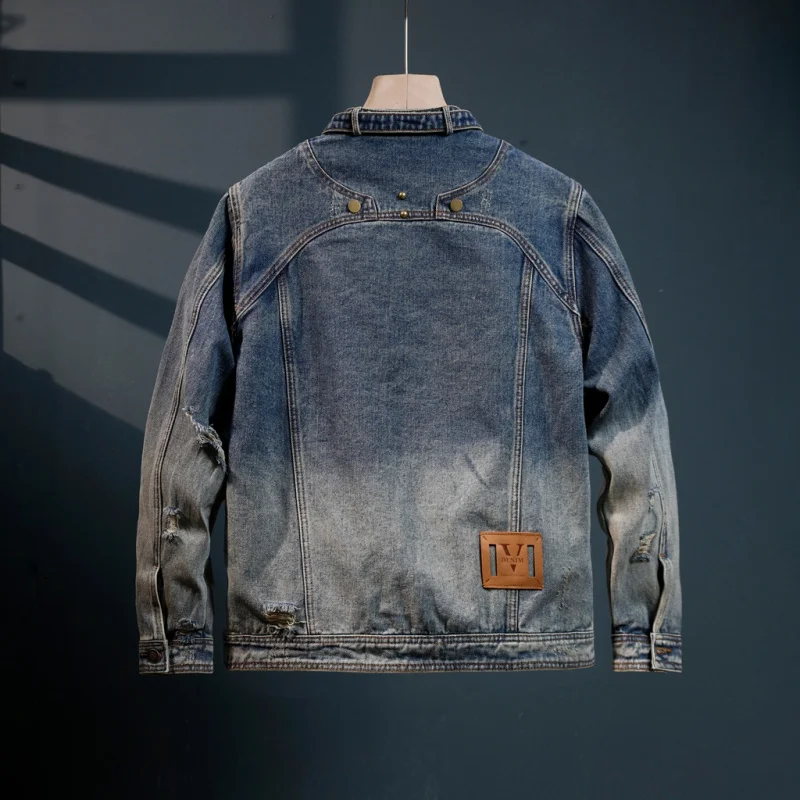 Jaket denim jalanan Amerika, atasan longgar gradien kepribadian retro musim gugur dan musim dingin baru