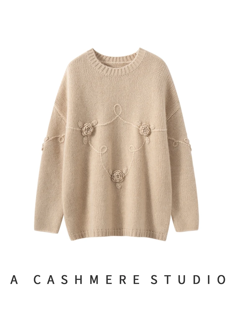 

TLOML Women 100% Cashmere Sweater Autumn Winter O-neck Embroidery Thick Loose Pullover High Quality Cashmere Knitwear Chic Tops