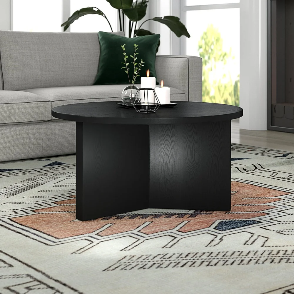 Scandinavian Round Coffee Table 32 Inch Black Grain MDF Easy Assembly Living Room Furniture Adjustable Feet Modern Design