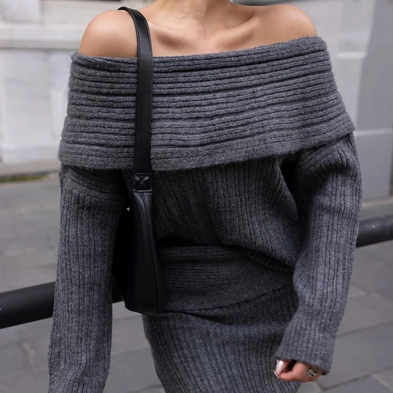 Casual Off Shoulder Sweater Top+Half Skirt Two Piece Set Elegant Long Sleeved Slim Knitted Suit Autumn Winter Warm Women Outfits