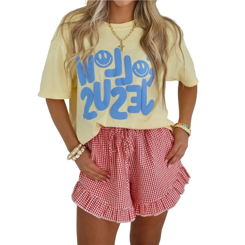 Women's Ruffle Hem Drawstring Elastic Waist Gingham Casual Shorts With Pockets Red M Eco-Friendly