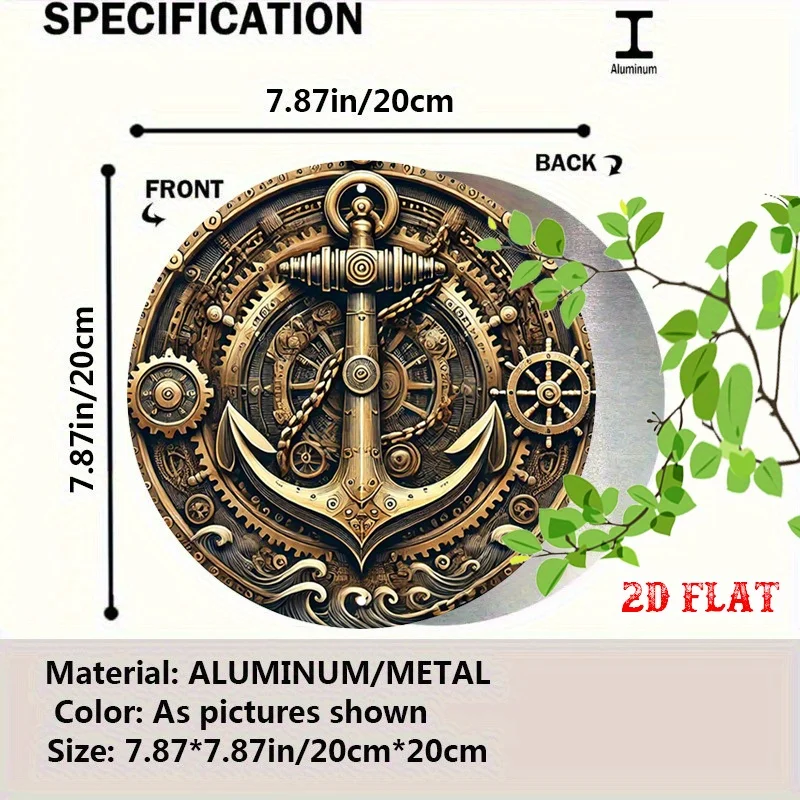 2D Flat, 2D Flat, A Round Wall for Art Piece Featuring a Vintage Metal Sign with a Blue And Steampunk Anchor Design, Perfect f