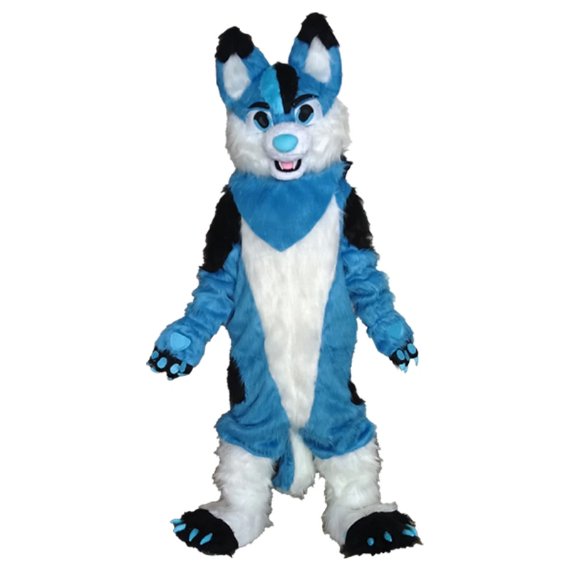 Nieuwe Husky Hond Vos Mascotte Kostuum Lange Bont Harige Kostuum Fursuit Wolf wit blauw Cosplay Party Fursuit Halloween Pak Volwassen Grootte