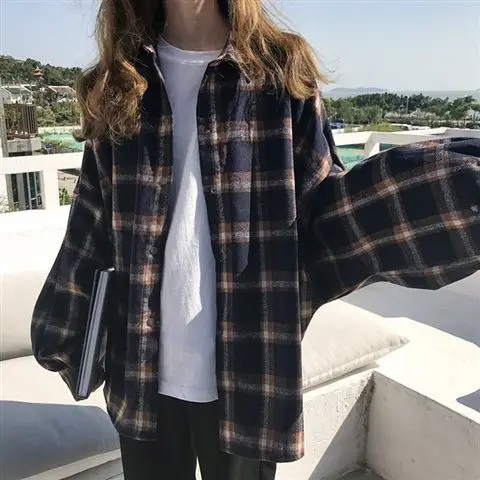 QWEEK Oversized Plaid Shirt Women Vintage Korean Fashion Casual Latern Sleeve Streetwear Button Up Blouses Youth Autumn Clothes