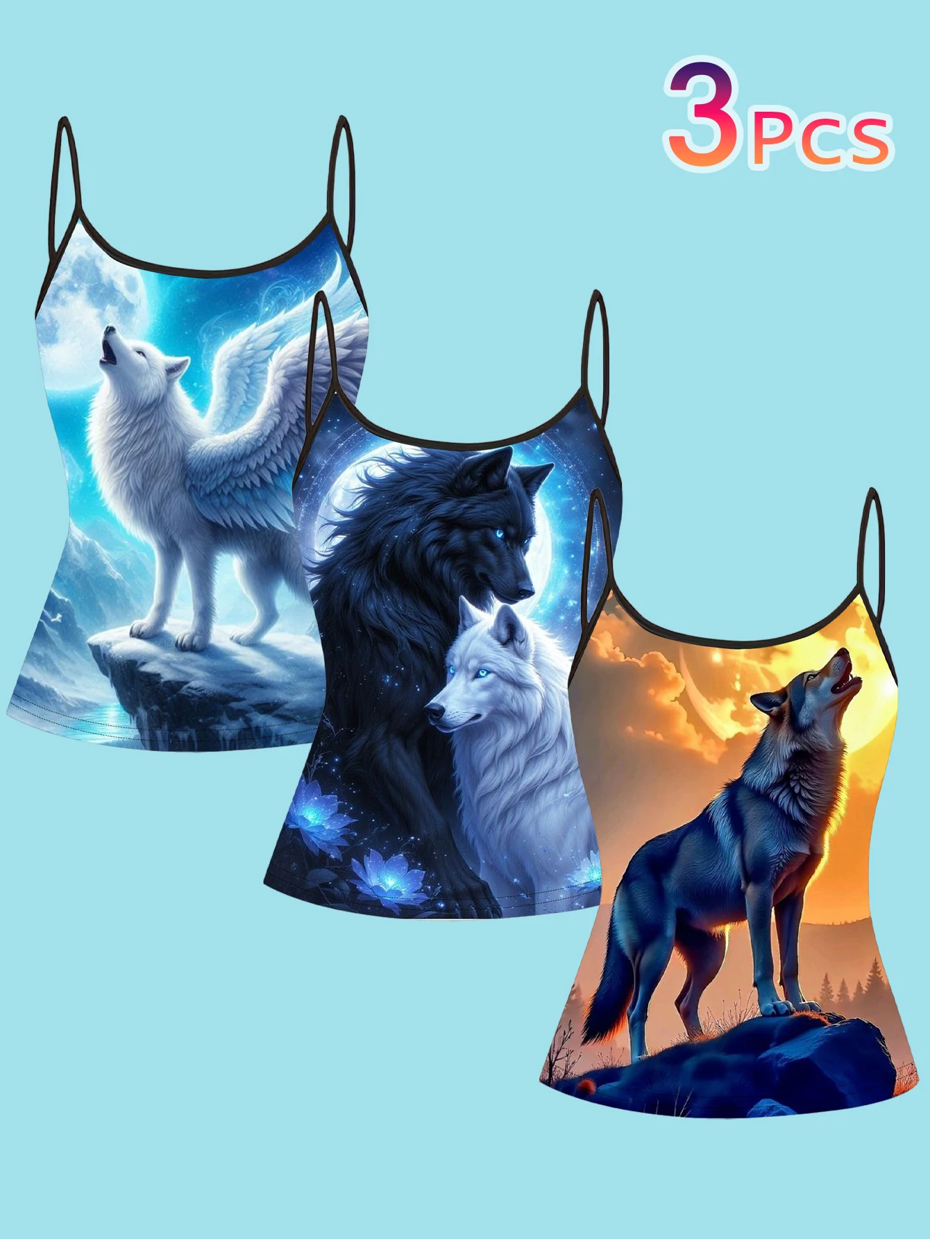 3-Piece Set: Moonlight Wolf Wings Snow Mountain Full Moon Print Thin Strap Tank Top, Fantasy Blue Lotus Sunset Wolf Slim Fit Sleeveless Top, Romantic and Beautiful Layering and Outerwear Base Shirt