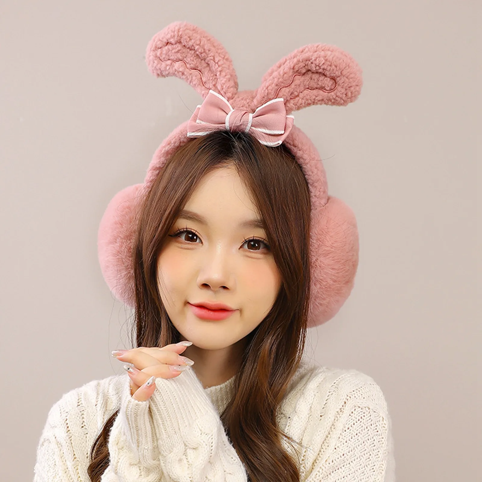 Bunny Ear Earmuffs Warm Fuzzy Rabbit Ear Muffs Womens Kwaii Princess Plush Ear Warmers Bow Lolita Girls Cold Protection 2024 new