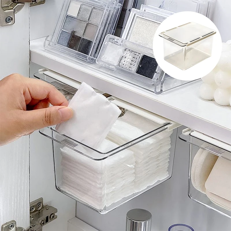 1Pc Drawer Style Storage Box Under The Mirror Cabinet Transparent Bathroom Cotton Stick Makeup Cotton Bathroom Pull-Out Storage.