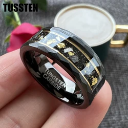 TUSSTEN 8MM Real Meteorite Chip Gold Foil Inlay Black Tungsten Ring for Men Women Fashion Engagement Weddin Comfortable Fit