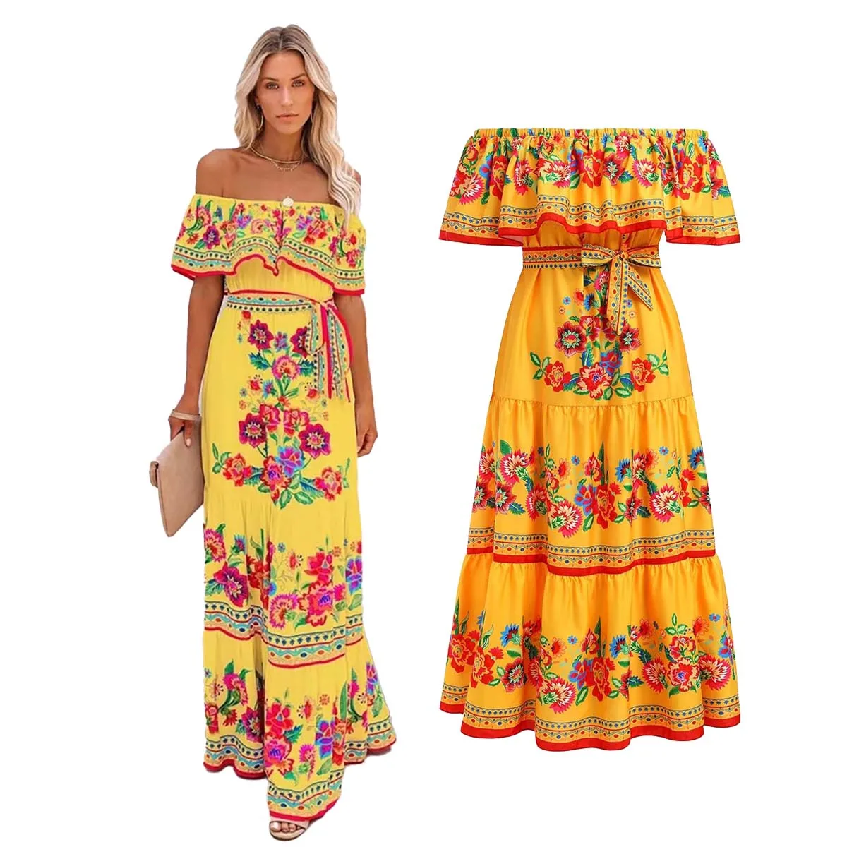 Beach Holiday Party Traditional Ethnic Wear Off Shoulder Floral Print Women Mexican Dress