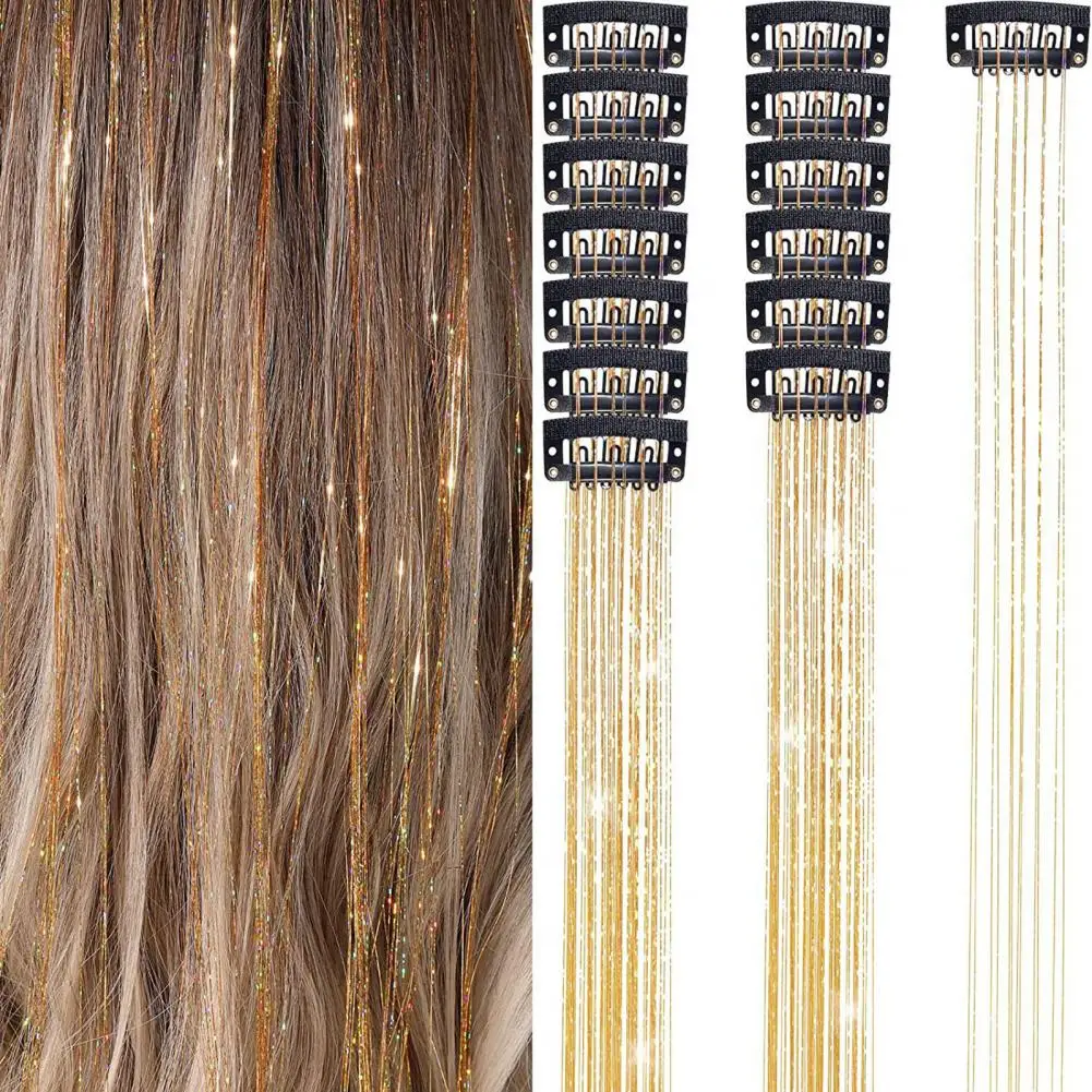 6Pcs 50cm Sparking Shiny Hair Tinsel Hair Extensions Tinsel Hair Clip on Extensions Women for Braiding Headdress