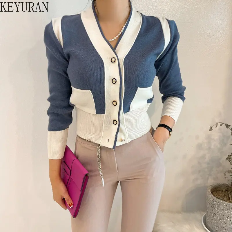 Color-blocking Button Long Sleeve Knitted Sweaters Women\'s Cropped Cardigan Korean Autumn V-neck Single-breasted Sweater Jacket