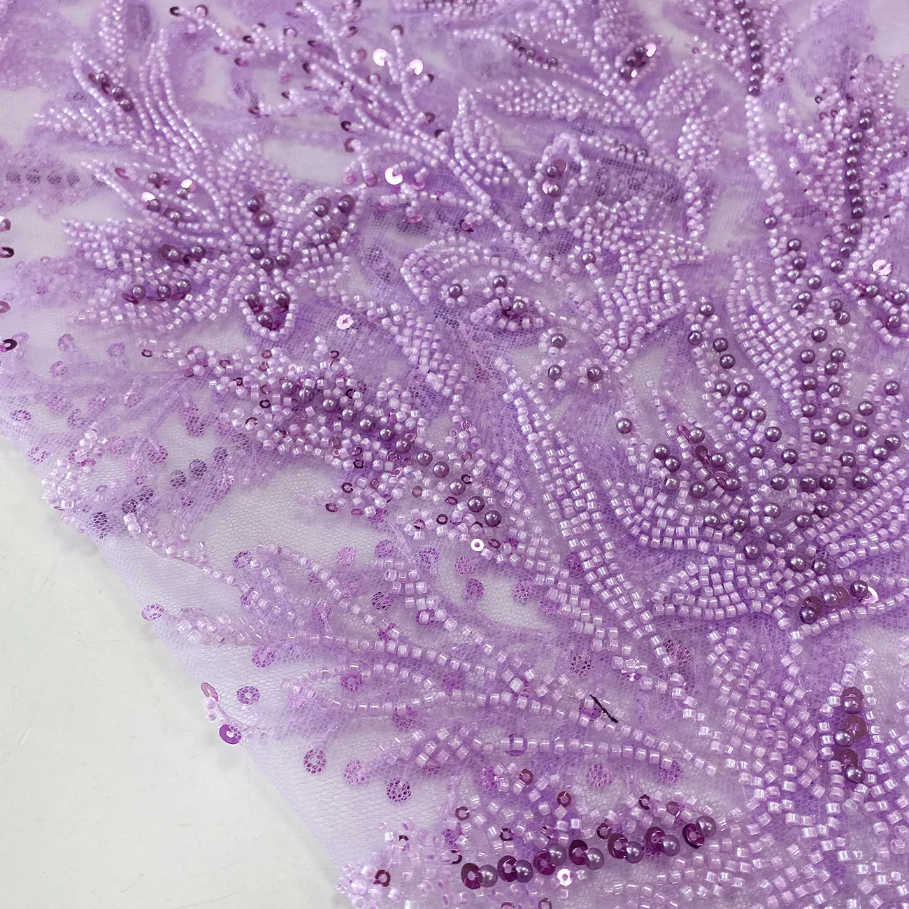 Stickerei Blätter Blumen Stil Perlen Perlen Pailletten Mesh Spitzenstoff für Hochzeitskleid