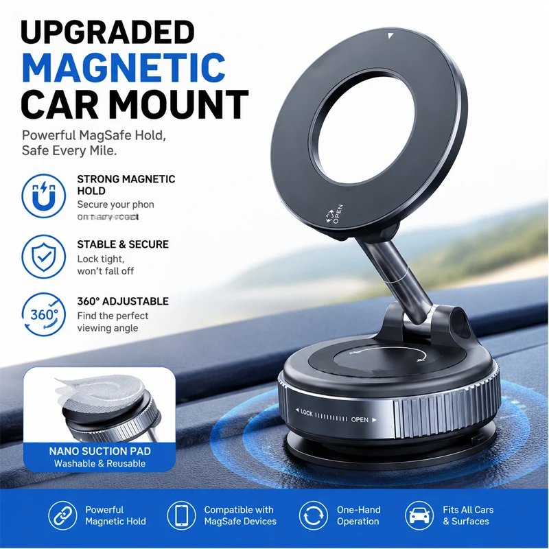 Vacuum Magnetic Car Phone Mount 360 Rotation Foldable Dashboard Stand Suction Holder For Mobile Phone Navigation Accessories