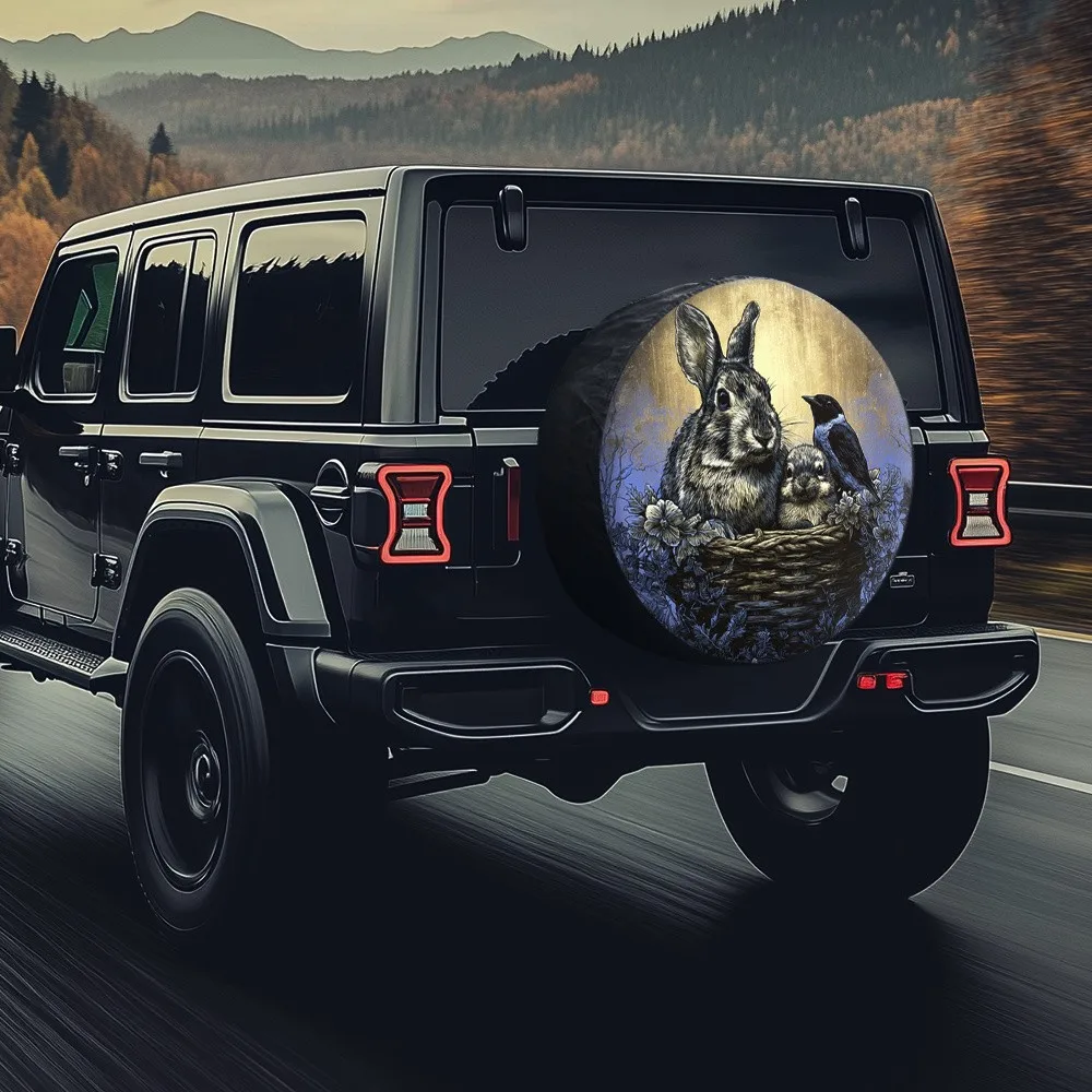 

Cute Rabbit Nest Graphic Tire Cover Polyester Waterproof Outdoor SUV Spare Wheel Protector