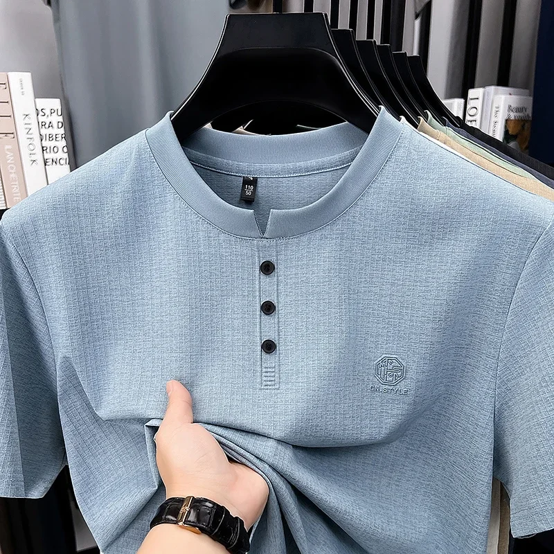 Men's Fashion Henley Neck T Shirt With Small Logo Soft Elastic Fabric For Casual And Business Use image 5