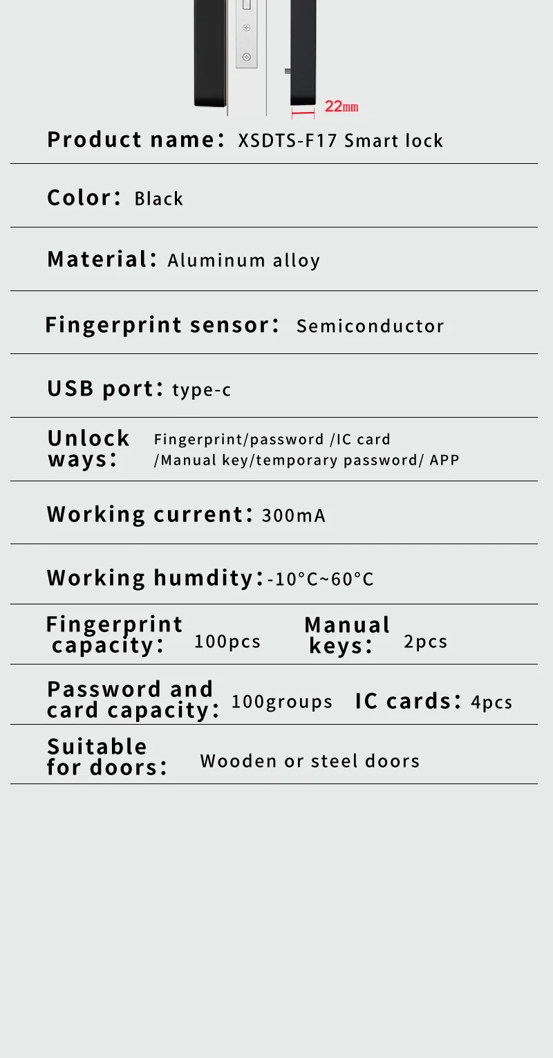 XSDTS Electronic Smart Door Lock With Biometric Fingerprint Smart Card Password Key Unlock USB Tuya APP Emergency Charge Lock
