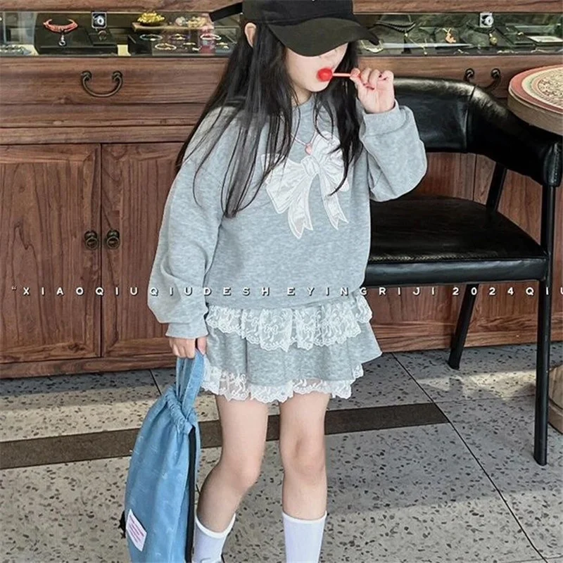 Summer Girls Sweatshirt Clothing Sets Kids Long Sleeve Top+Skirs 2Pcs Suit Fashion Lace Drawstring Outfits Children Clothes 2-8Y