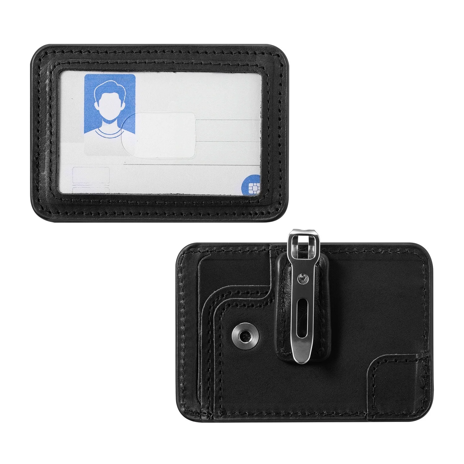 ID Badge Holder with Clear Window, Detachable Metal Clip, 2 Card Slots and Leather Lanyard, Vertical ID Card Holder