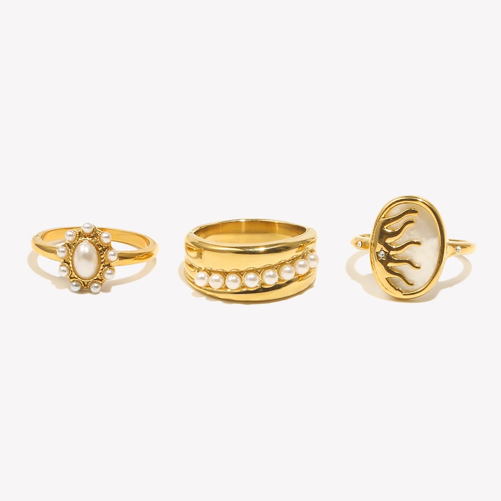 E.B.belle Elegant Imitation Pearl Series Rings 5 Style Stainless Steel 18K Gold Plated Waterproof Hypoallergenic For Women