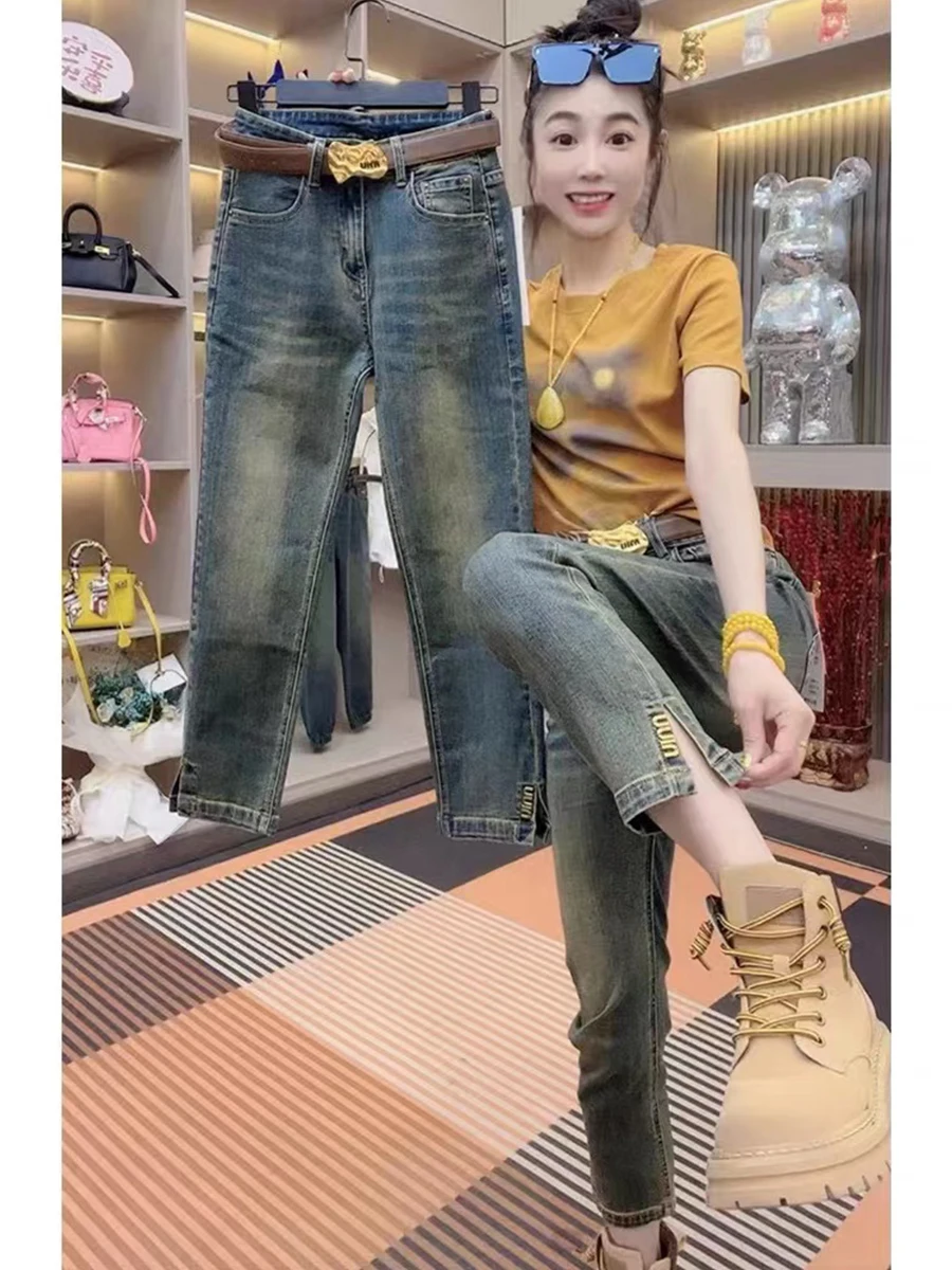 

Джинсы женские с высокой талией, эластичные, с разрезами, из денима, весна-осень, новинка, большие размеры, для невысоких, с высокой талией, облегающие, прямые, укороченные (7/8)