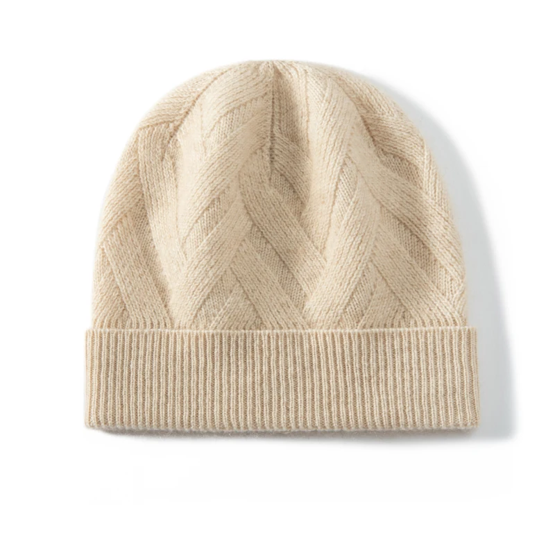 KOIJINSKY Unisex Autumn Winter 35% Cashmere 65% Merino Wool Diamond Cable Knit Beanie Solid Ribbed Cuff Foldable Elastic Soft Th