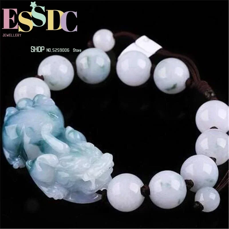 Dropship Natural 5A Class Burma Jadeite Float Blue Flowers Pixiu Charm Round Beads Bracelet Men Women Jewelry Gift +Certificate