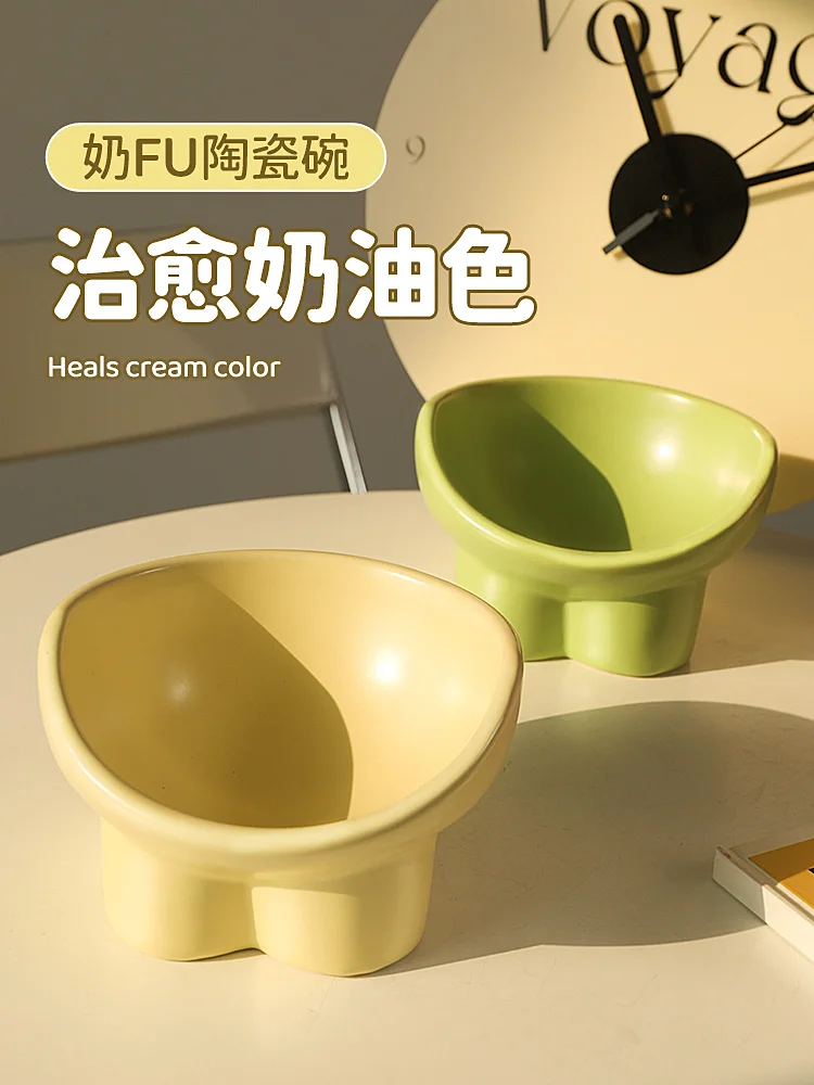 Ceramic Cat Food Bowl Large Diameter Cat Food Holder Eating and Drinking Rice Bowl Anti-Tumble Pet Supplies