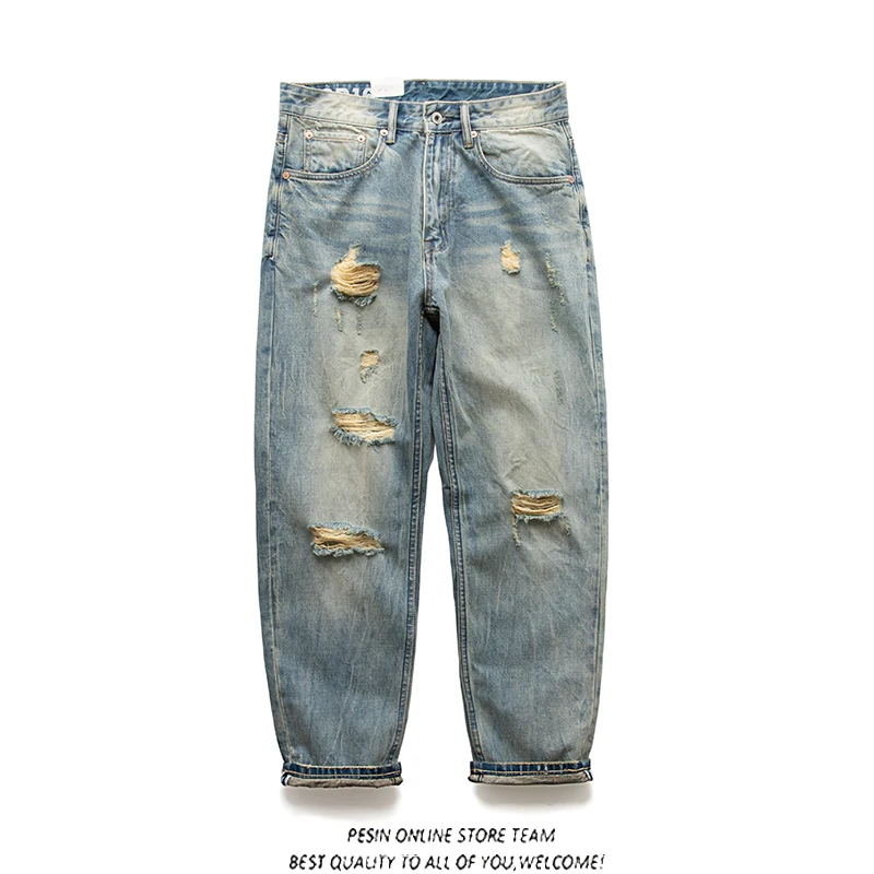 

Повседневные мужские джинсы с талией в стиле ретро, прямые брюки свободного кроя, джинсовые брюки, осень-зима, модный бренд, молодежные брюки