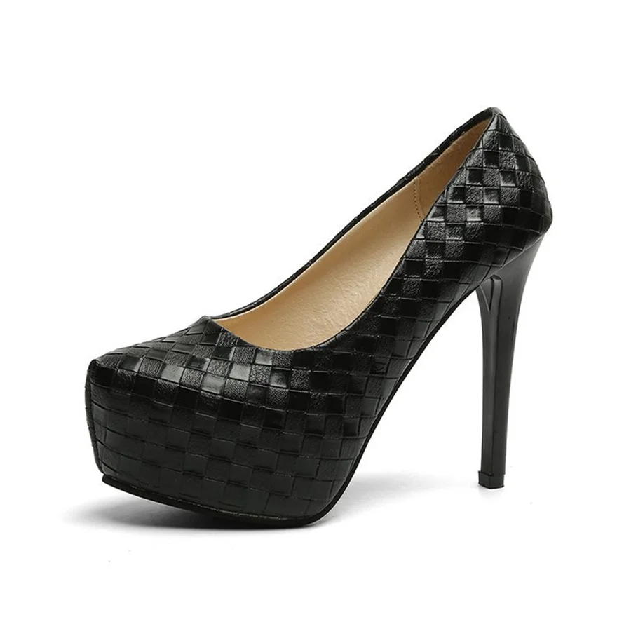 New Autumn 12CM High Heels Women Pumps Round Toe Slip On Stiletto Black Silver Woven Plaid Platform Party Office Lady Shoes Sexy