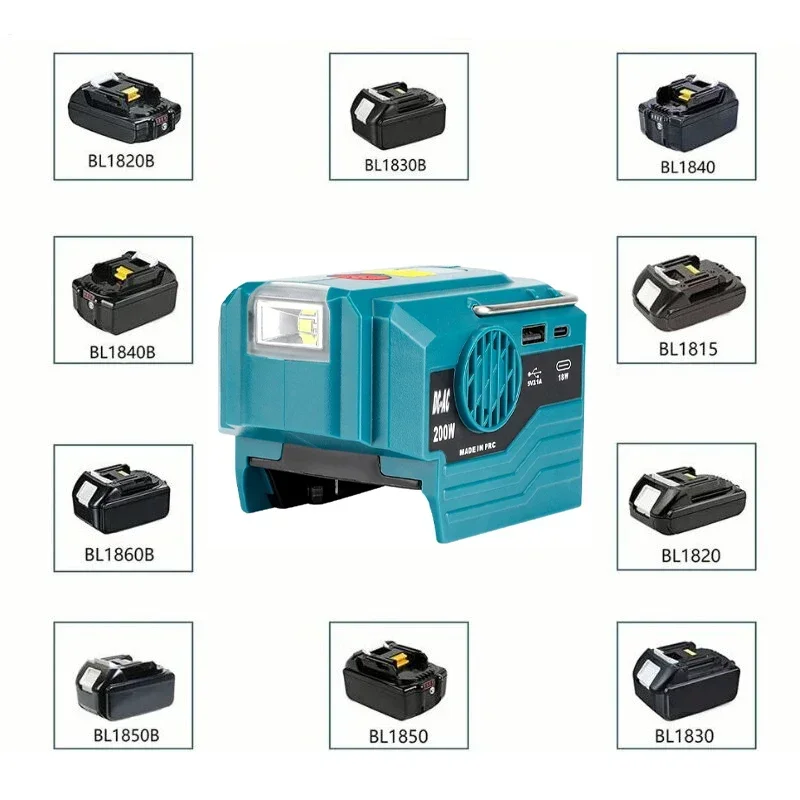 200W Portable Power Inverter 120V/220V Compatible For Makita 18V Lithium Battery with AC Outlet and USB Type-C 280LM LED Light