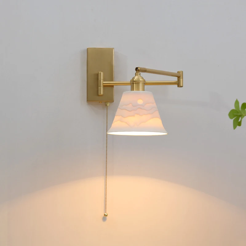 IWHD Nordic Modern LED Wall Sconce Left Right Rotate Pull Chain Switch Bedroom Restaurant Bar Beside Lamp Ceramic Stair Light
