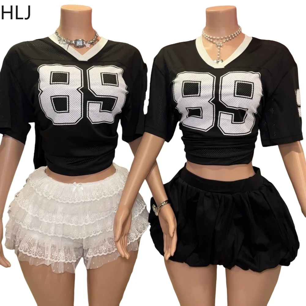 HLJ Fashion Letter Print Loose Tshirts Two Piece Sets Women V Neck Short Sleeve Top + Pleated Mini Skirts Outfits Y2K Streetwear