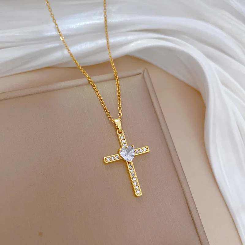 Fashion Light Luxury Personality Colourful Zircon Heart shaped Cross Pendant Stainless Steel Necklace for Women Jewellery Gifts