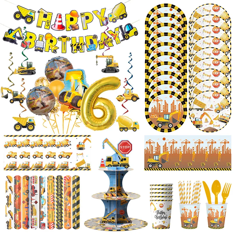 Construction Birthday Party Decoration Engineering Excavator Tractor Vehicle Paper Napink Plate Cup Engineering Balloon Supplies