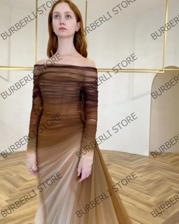 Chic Boat Neck Mesh Long Women Dress Sexy High Slit Mix Colors Tulle Party Dresses ToPhotography Fashion Draped Tulle Prom Gown