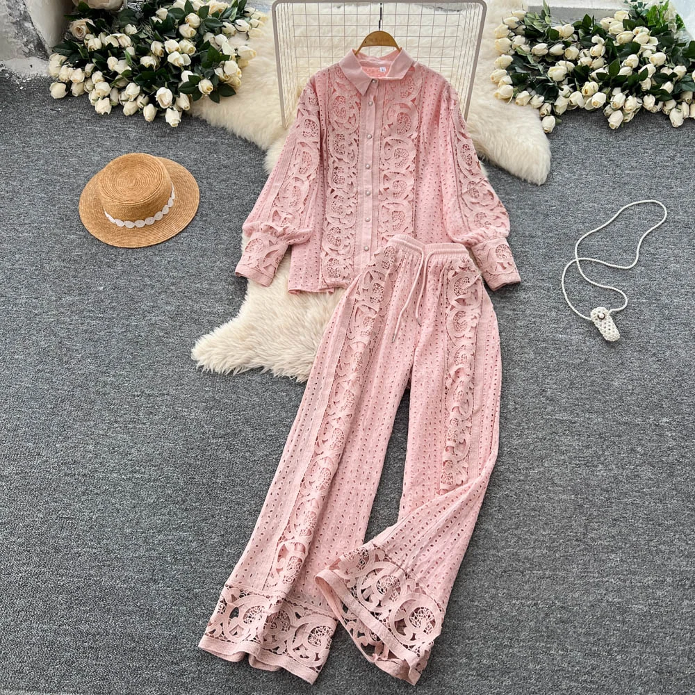 

ALPHALMODA, французский придворный стиль, полое кружево с вышивкой, отделка, рубашка с длинными рукавами, для женщин, высокая талия, прямой брючный костюм