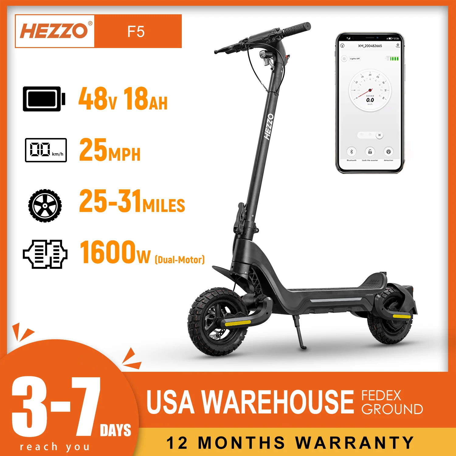 Hezzo-Meicang f5電動スクーター,48V,1600W,18Ah,強力,ダブルモーター,ディスクブレーキ,28mph, 37マイル