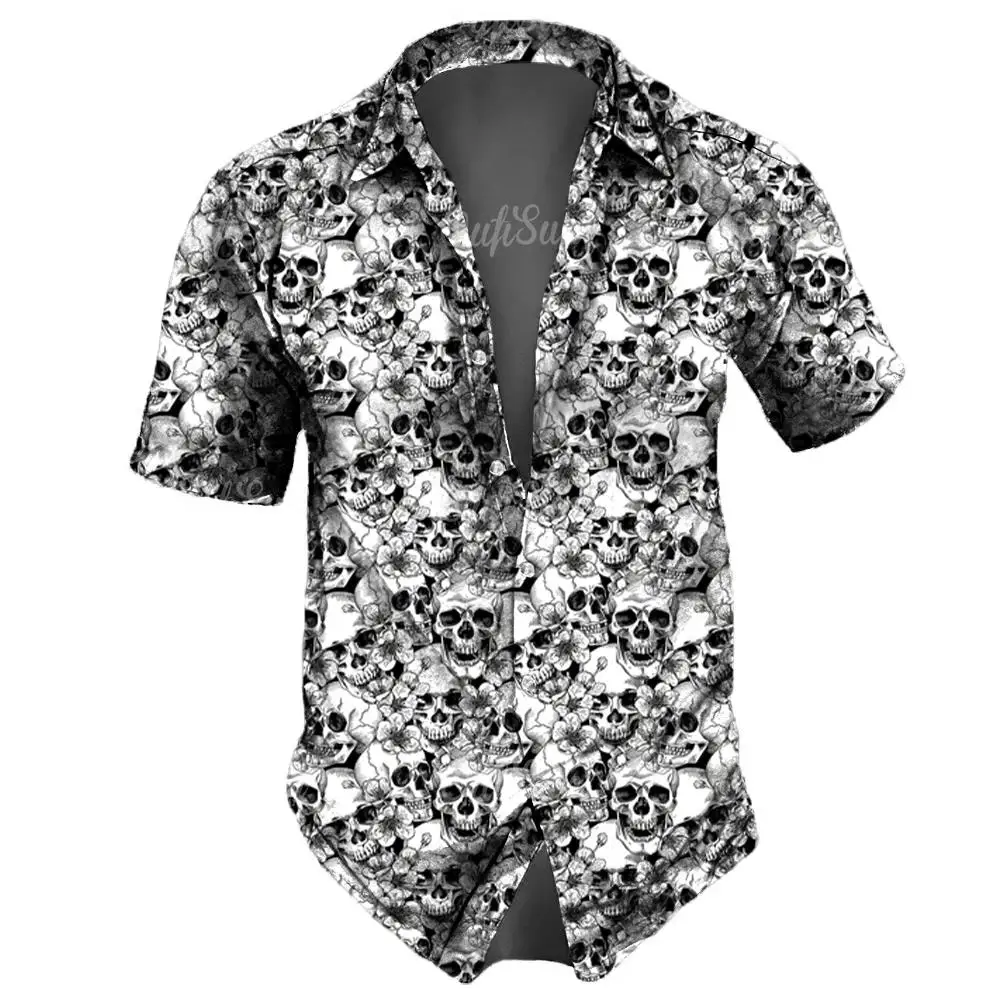 Men\'s casual Hawaiian lapel 3D horror skull retro printed button short sleeved shirt