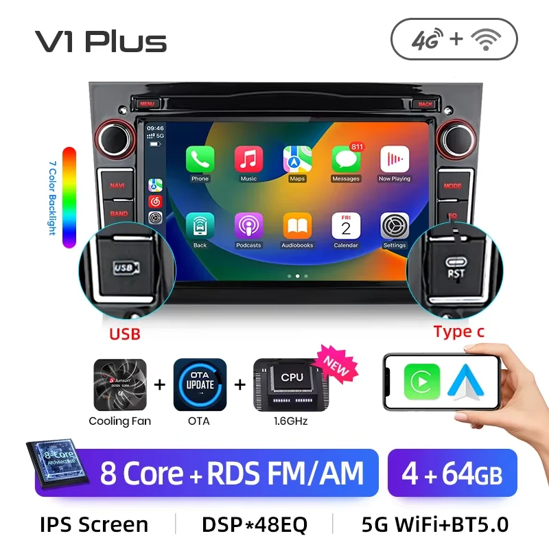 Junsun 7'' Kabelloses CarPlay für Apple Android Auto Autoradio für Opel Astra Vectra Vauxhall Antara Zafira Corsa Vivaro Meriva Combo Tigra 2DIN Multimedia-Stereoanlage mit Lüfter GPS SWC Bluetooth FM
