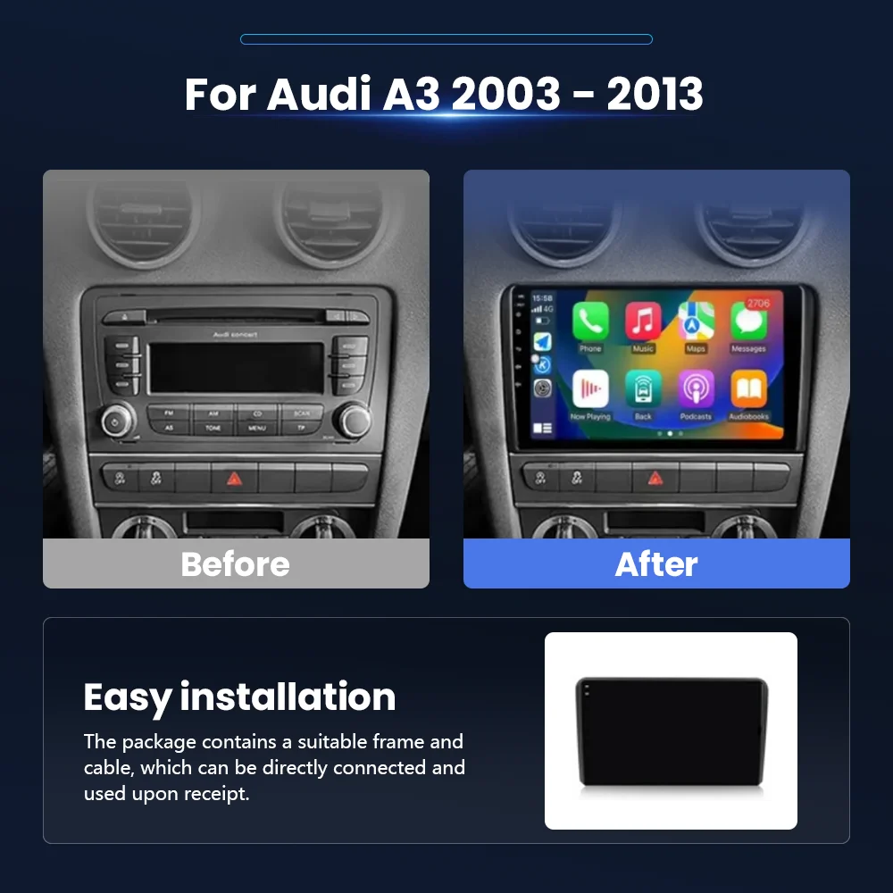 Android 16 Carplay Auto GPS Navigation Car Radio For Audi A3 8P 2003 - 2013 Multimedia Player 2Din Qualcomm Video Stereo WIFI+4G