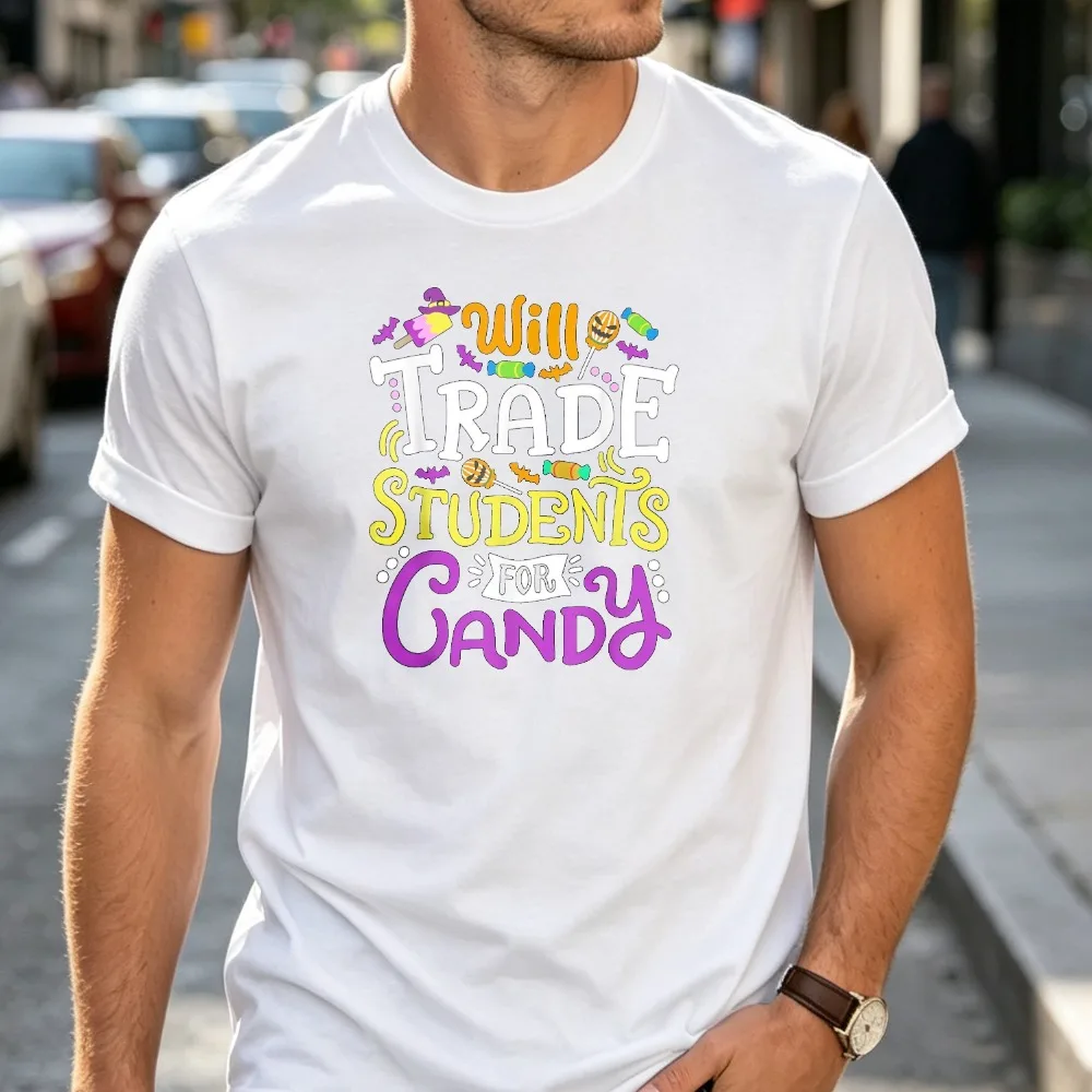 Will Trade Students For Candy Tshirt Men Teacher Halloween Candy Bat Pumpkin Graphic Tees Funny Unisex Casual Short Sleeve Tops