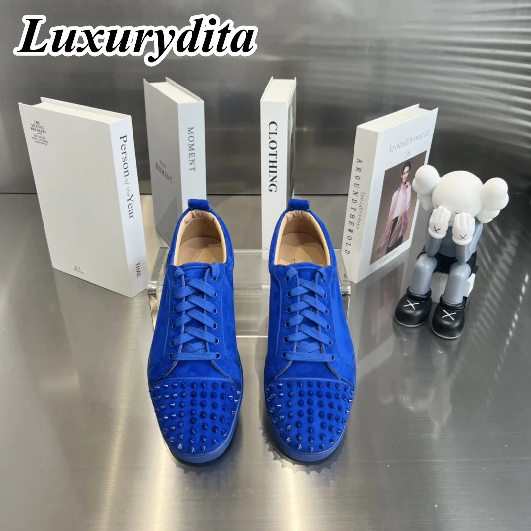 

Top Quality Womens Trendy Casual Sneakers Luxury Mens Real Leather Tennis Shoes Designr Red Sole Tide Lovers Rivet Shoes HJ1265
