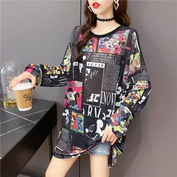 Disney Mickey Minnie Mouse Black White Mesh Oversized T Shirt Women Summer Transparent  Silk T-shirts for Lady Sun Protection