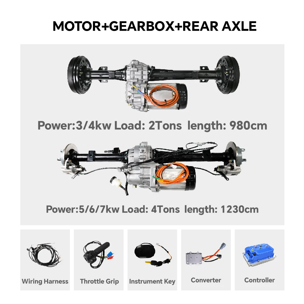 Electric 3-7KW Motor Controller Gearbox Rear Axle Assembly Kit Tricycle Trike Electric Conversion Kit for 3/4 Wheels Vehicle