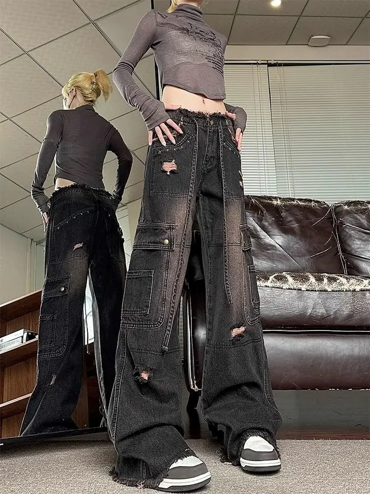 

Trendy High Waist Loose Straight Leg Women's Jeans Casual Waed Pure Color Button Fastening Long Pants Spring Autumn Versatile