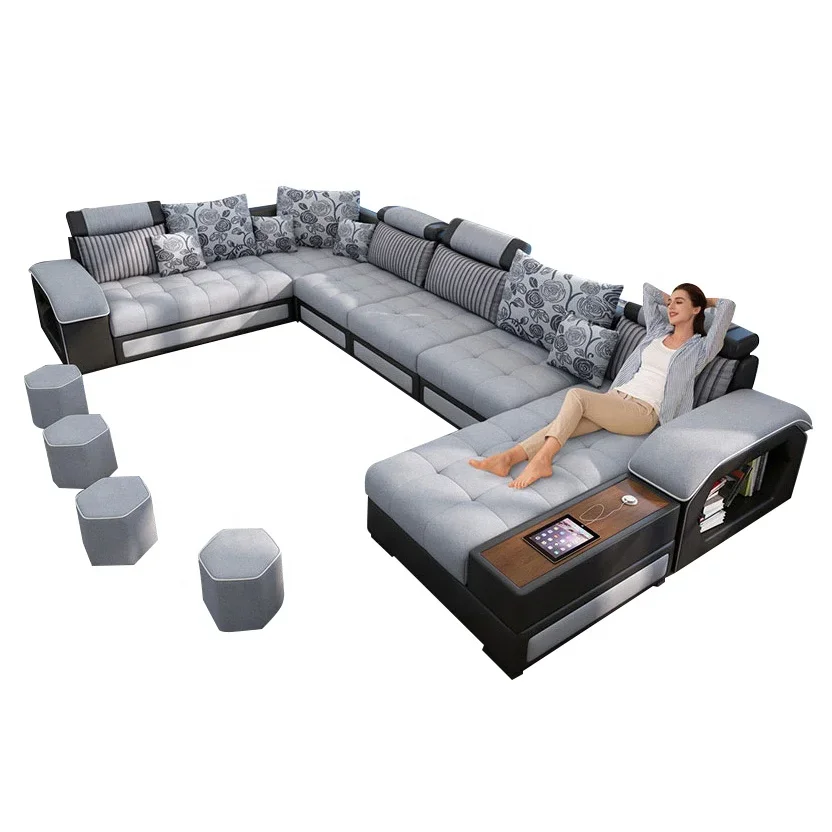 New Arrival Modern Multifunction Adjustable U Shape 7 Seater Corner Sectional Fabric Usb Charging Sofa For Living Room Furniture