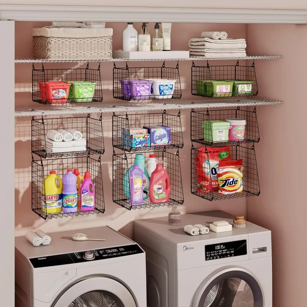 

4-Pack Hanging Laundry Room Organizer：Foldable Laundry Room Organizaton Wire Basket with 360°Rotating Hooks Space Saving Over