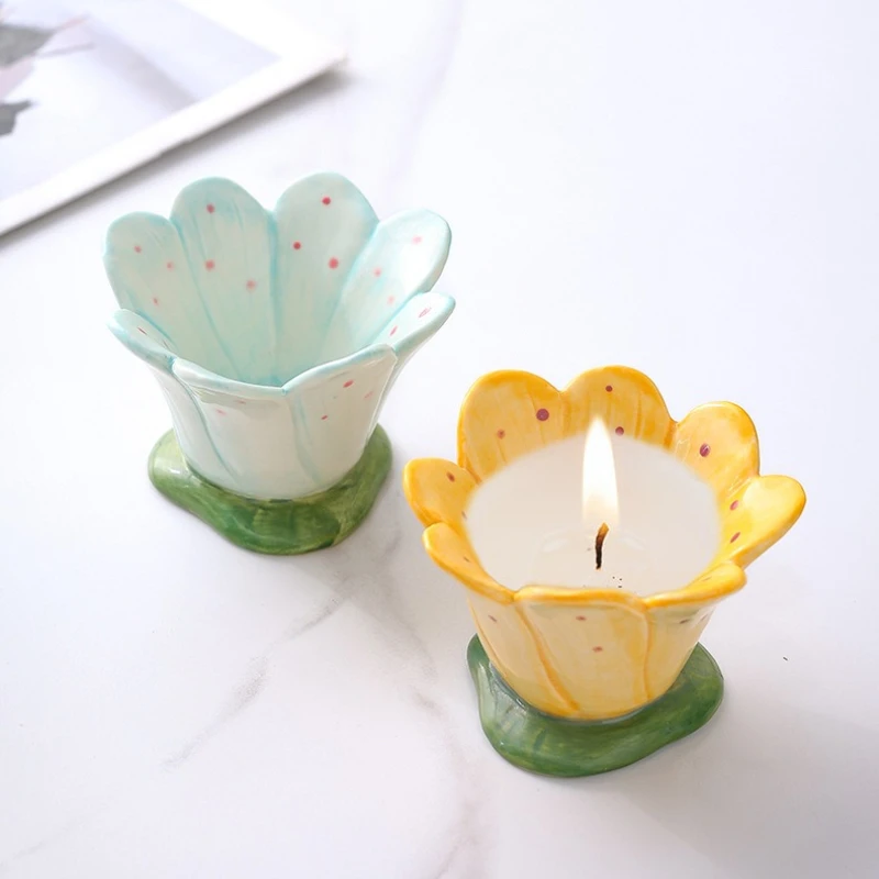 Handmade Painted Ceramic Flower Cup DIY Aromatherapy Candle Cup New Household Decoration Nordic Minimalist Candle Holder Vessel